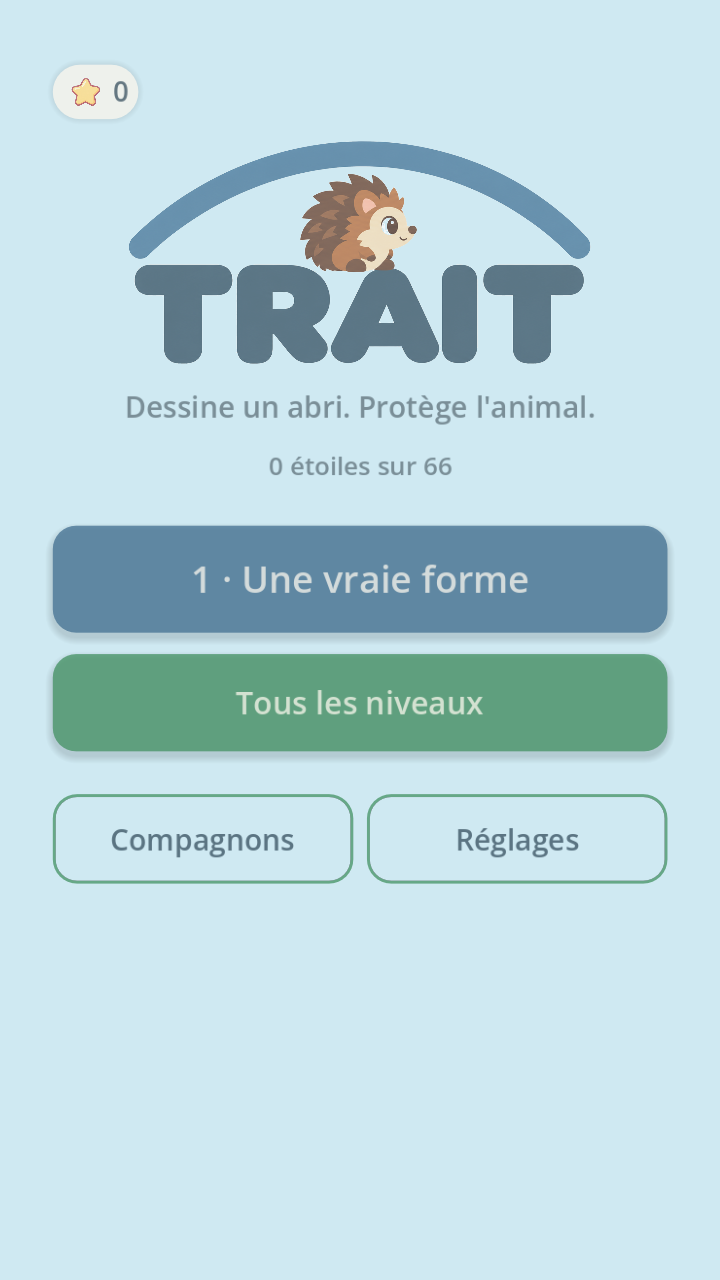 Écran d’accueil de Trait avec les niveaux gratuits, le jeu complet, les compagnons et les réglages